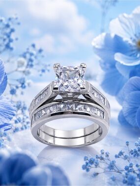 Sterling Silver White Crystal Bridal Ring Set - White 8
